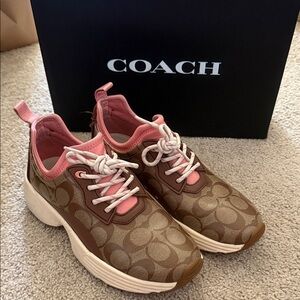 Like New COACH Brown Signature Logo Sneakers with Pink Accents